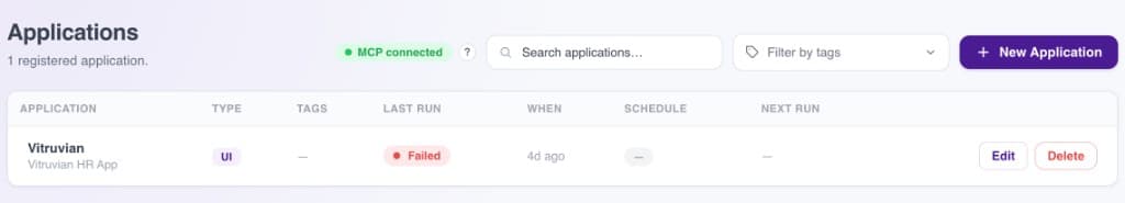 TestHub applications list showing registered projects for testing