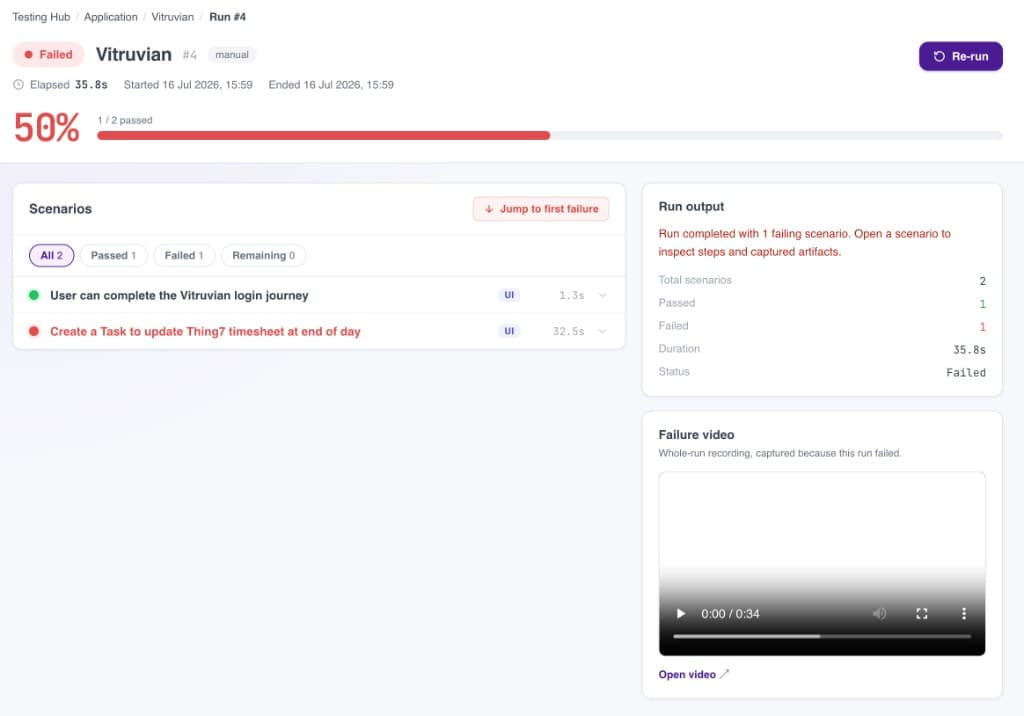 TestHub failed test run with failure video and scenario breakdown